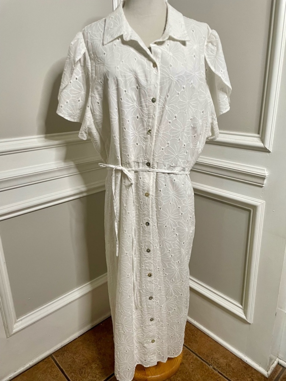 Draper James White Eyelet Button-Front Maxi Dress with Tie Waist